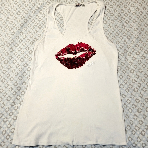 Guess Tank Top with red sequin lips white T-back style. SIZE XL - Picture 1 of 4
